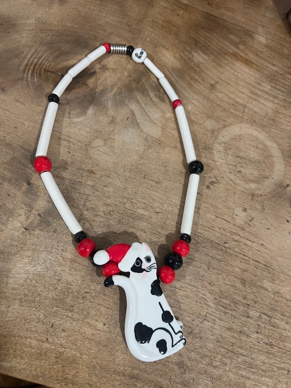 Candace loheed ceramic  Cat Pendant Necklace in White, Black & Red